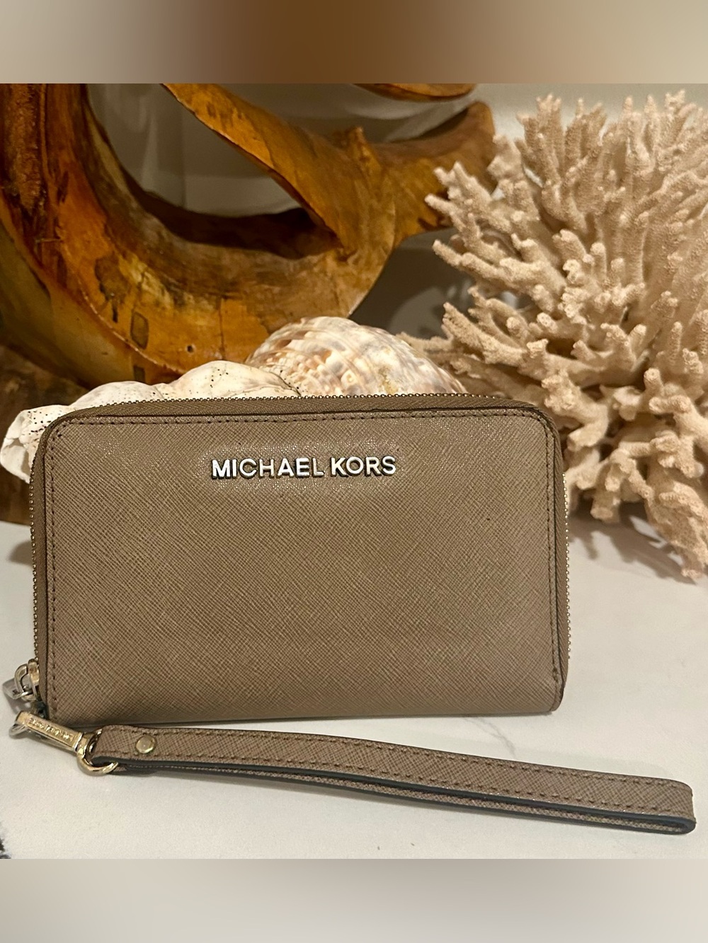 Michael Kors Taupe Saffiano Zip Wristlet